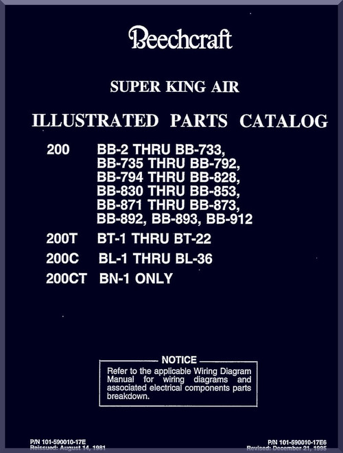 Beechcraft Super King Air   200  T C CT Aircraft Illustrated Parts Catalog Manual