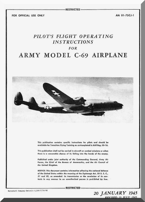 Lockheed C-69 Aircraft Flight Manual, An 01-75CJ-1,  1965