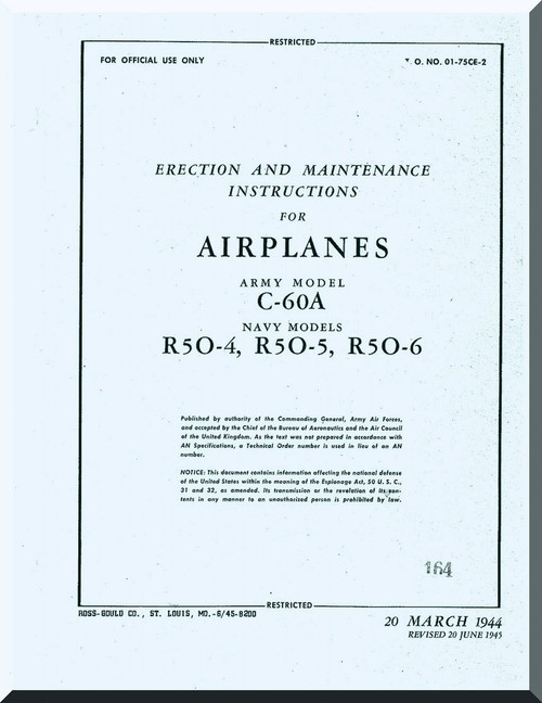 Lockheed C-60 A R5O-4  Aircraft Erection and Maintenance Manual, T.O. 01-75CE-2,  1944