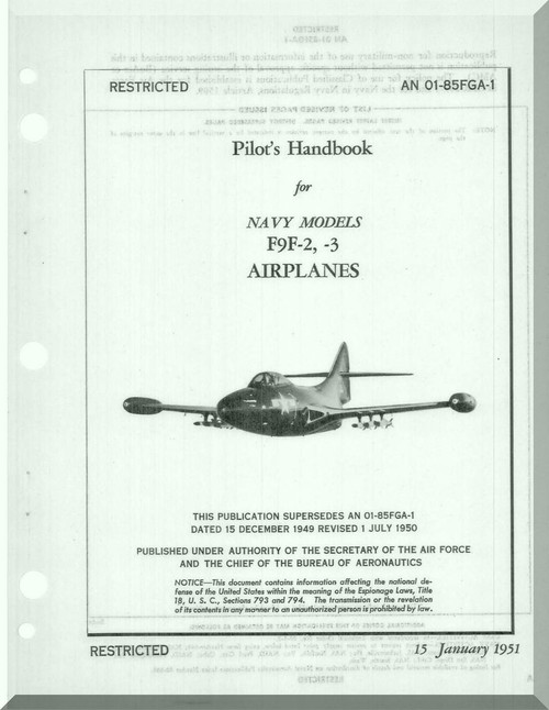 Grumman F9F-2, -3  Flight Handbook Manual NAVAER  01-85FGA-1, 1951