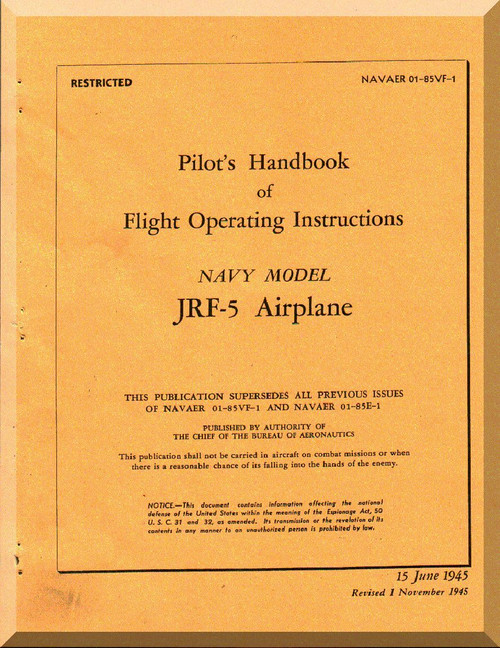Grumman JRF-5  Airplane Pilot's Handbook  Manual NAVAER 01- 85VF-1 , 1945