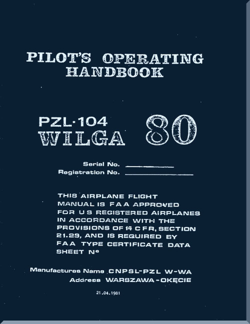 PZL 104 Wilga  Aircraft  Pilot's operating Handbook  Manual -  ( English Language ) , 1981