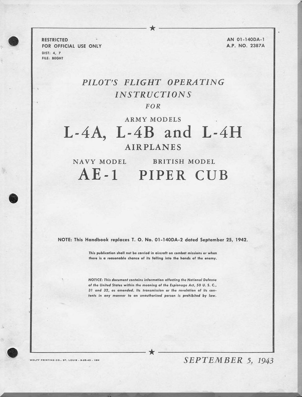 Piper L 4 A B H Ae 1 Piper Aircraft Cub Flight Operating Instructions Manual An 01 140da 1 1943 Aircraft Reports Aircraft Manuals Aircraft Helicopter Engines Propellers Blueprints Publications