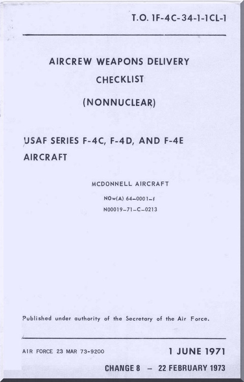 Mc Donnell Douglas F-4 C D E Aircraft Aircrew Weapon Delivery Checklist Manual - 1F-4C-34-1-CL1 - 1971
