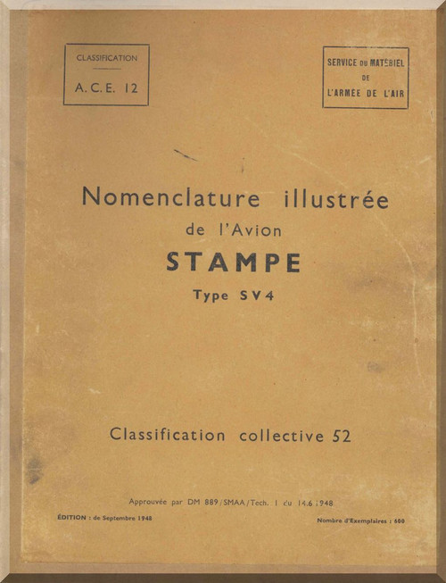 Stampe SV4 Aircraft Illustrated Parts Catalog  Manual   (French language ) -  1948