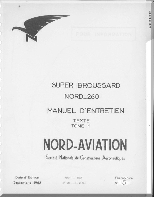 Nord  260 Super Brousard Aircraft Manuel d'utilisation   Manual   (French language ) -  Texte - Tomo 1 -1962