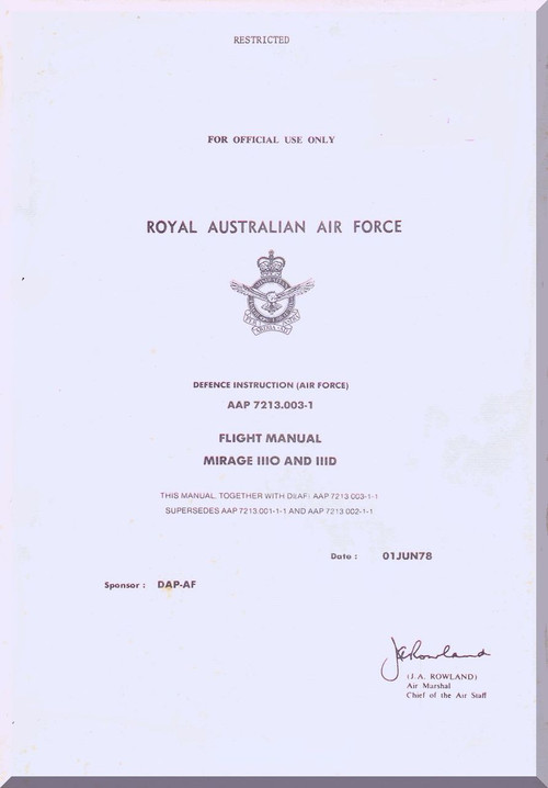 Dassault Mirage III  O and D Aircraft  Flight Manual -  ( English Language)