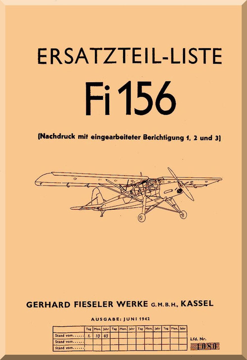 Fieseler Fi 156  Aircraft  Illustrated Parts Catalog  Manual ,    (German Language ) -  Ersatzteilliste
