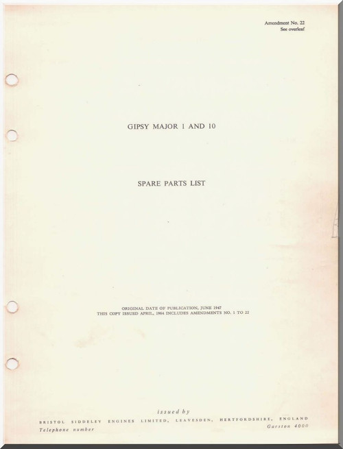 De Havilland  Gipsy Major 1 to 10 Aircraft Engine  Spare Parts List Manual - 1947 - 247 pages