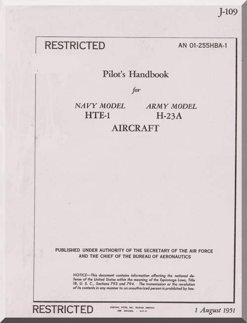 Hiller H-23 A , HTE-1  Helicopter Pilot Handbook  Manual - AN 01-255HBA-1 -1951