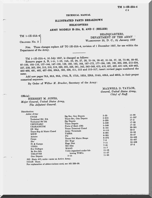 Hiller H-23 A, B, C  Helicopter Illustrated Parts Breakdown  Manual - TM 1-1H-23A-4 -
