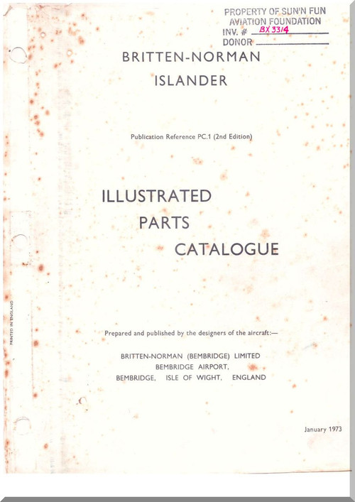 Britten-Norman Islander  Aircraft Illustrated Parts Catalog   Manual - 1973