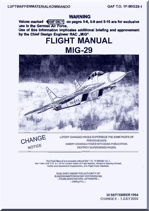 Mikoyan Gurevich Mig-29  Aircraft Flight Manual -  1994 - Rev. 2003 ( English  Language )