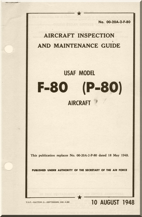 Lockheed F-80  ( P-80 )  Aircraft Inspection and Maintenance Guide Manual -  1948