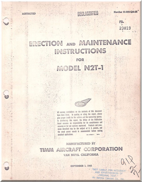 Timm Aircraft N2T-1  Tutor Erection and Maintenance Instructions   Manual , 1943