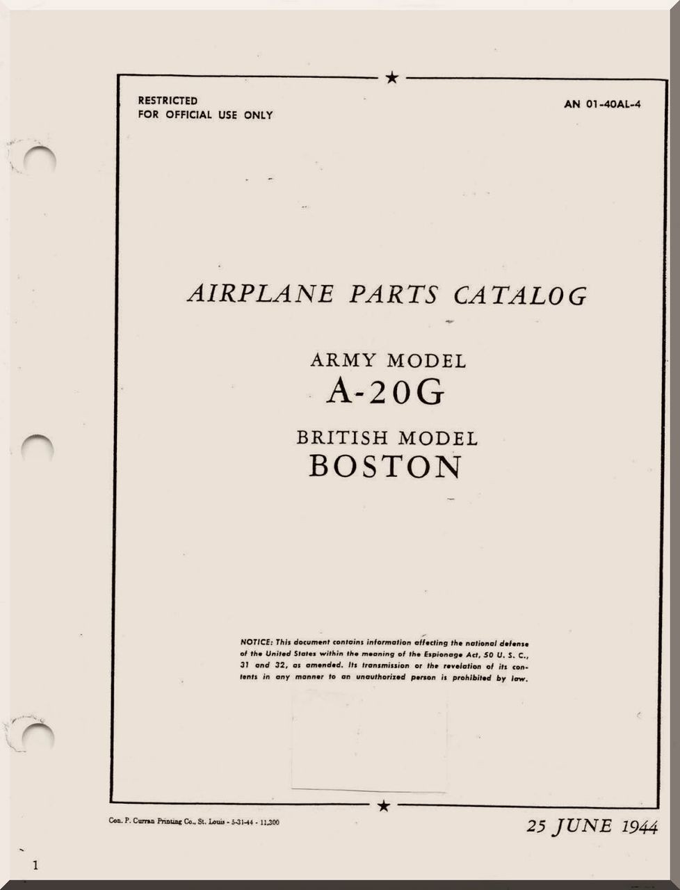 Douglas Aircraft A20 G Series Airplane Parts Catalog Manual T.O. 01