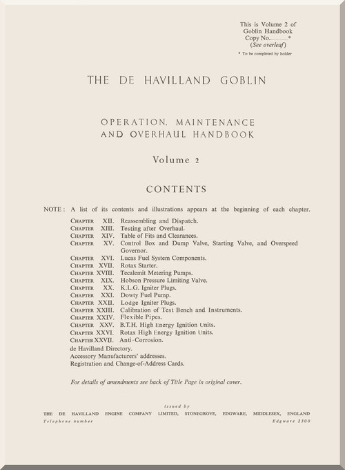 De Havilland Goblin  2, 3  and 35B Aircraft  Engine Operation, Maintenance and Overhaul  Handbook Manual  Volume 2