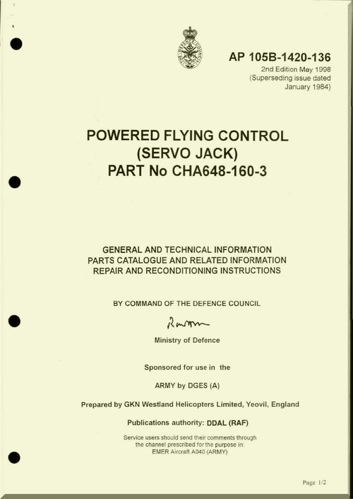 Westland Gazelle ASH Mk1  Helicopter Component  - Powered Flying Control ( Servo Jack )  Manual  - A.P. 105B-1420-136