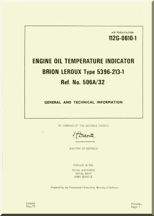 Westland Gazelle ASH Mk1  Helicopter Component  - Engine Oil Temperature Indicator, Brion Lerou. Manual - General and Technical Information A.P. 112G-0610-1