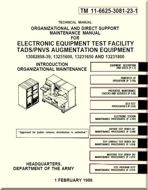 Boeing Helicopter AH-64 A Aviation Organizational and Direct Support Maintenance Manual - Electronic Equipment Test Facility TADS / PNVS Augmentation Equipment - TM 11-6625-3081-23-1