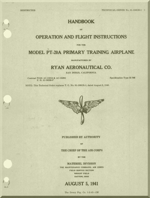 Ryan PT-20 A  Aircraft Primary Training Airplane Handbook  Operation and Flight Instructions Manual- T.O.01-100GB-1 - 1941