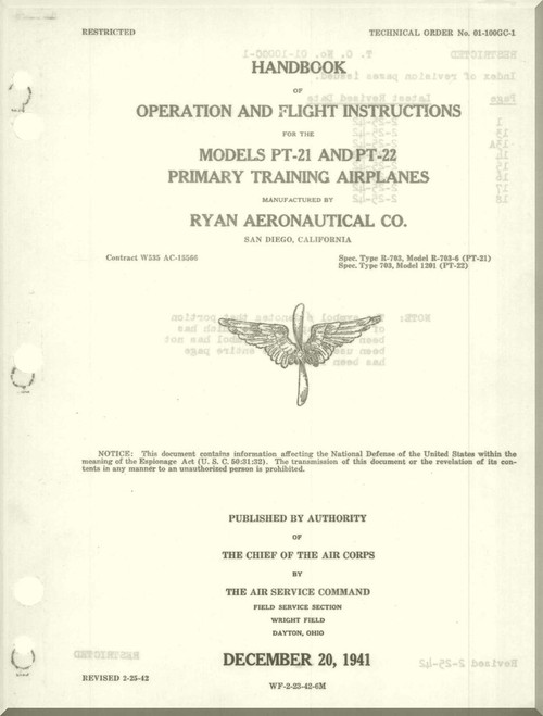 Ryan PT-21 and PT-22  Aircraft Primary Training Airplanes Handbook  Operation and Flight Instructions Manual- T.O.01-100GC-1 - 1941