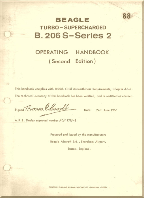 Beagle B.206  S- Series Aircraft Turbo - Supercharged  Operating Handbook  Manual