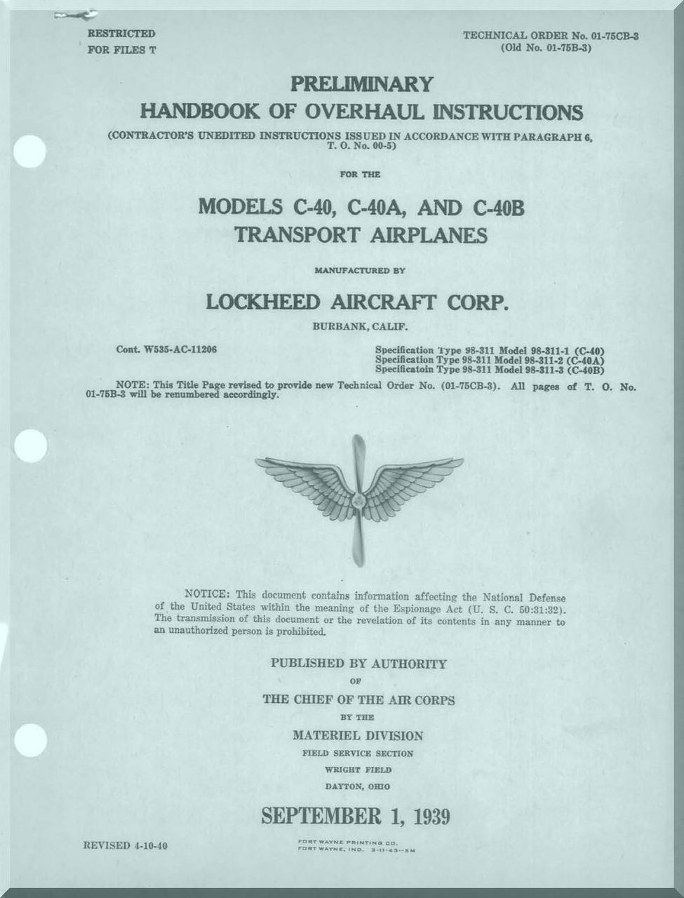 Lockheed C-40, A, B Airplanes Aircraft Handbook of Overhaul ...