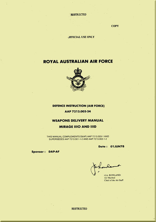 Dassault Mirage III O D  Aircraft Weapon Delivery Manual - RAAF - AAP 7213.003-34