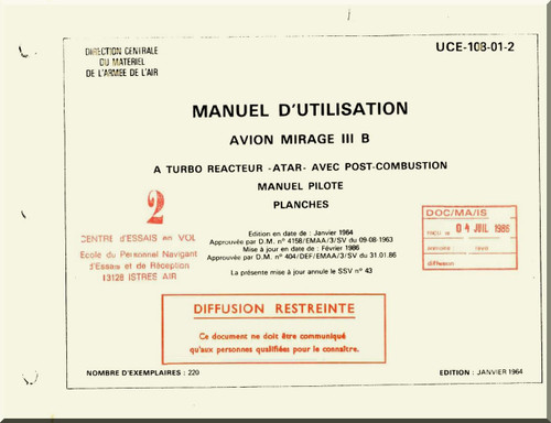 Dassault Mirage III  B Aircraft Operating  Manual - Manuel Pilot  - Planches ( French Language )