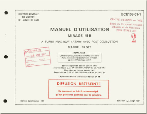 Dassault Mirage III  B Aircraft Operating  Manual - Manuel Pilot  - Text  ( French Language )