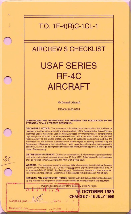 Mc Donnell Douglas RF-4C Aircraft Aircrew's Checklist Manual - T.O. 1F-4(R)C-CL-1 - 1989