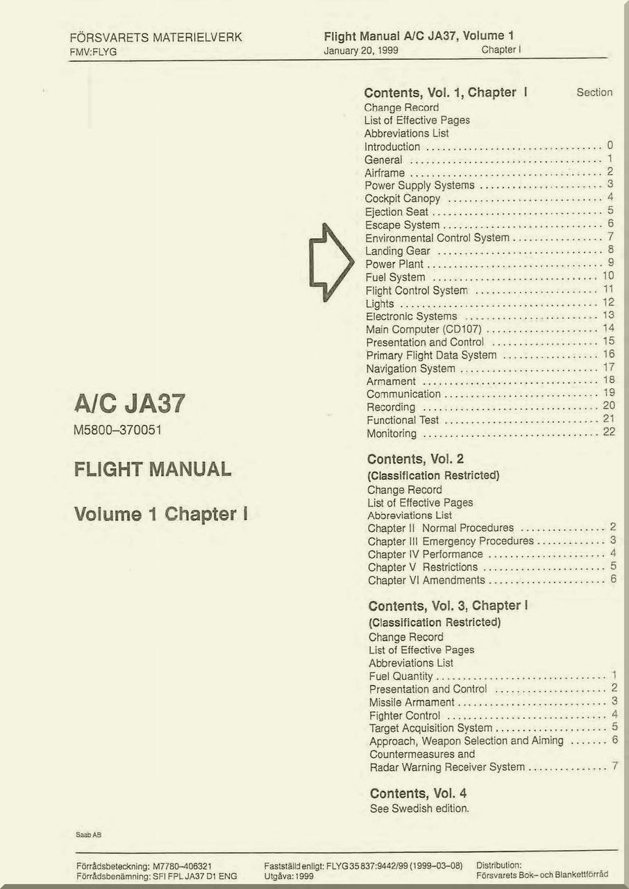 SAAB A/ C JA 37 Viggen Aircraft Flight Manual, ( English Language