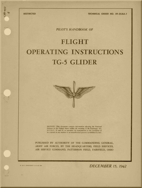 Aeronca  TG-5  Glider Aircraft  Operating  Instructions  Manual  - 1942