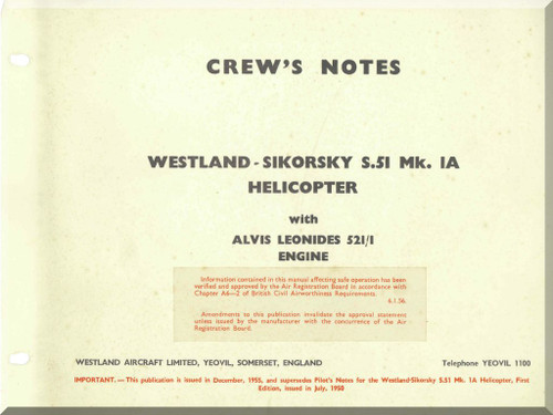 Westland - Sikorsky S.51  Mk. IA Helicopter Crew's Notes  Manual