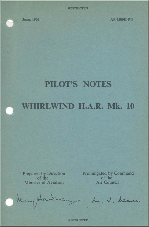 Westland Whirl Wind H.A.R. Mk.10 Helicopter Pilot's Notes Manual - AP 4509K-PN