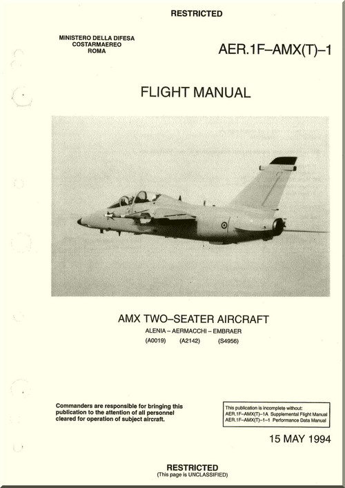Aeritalia Aermacchi Embraer AMX Two Seater Aircraft Flight Manual, ( English Language ) AER. 1F-AMX(T) -1