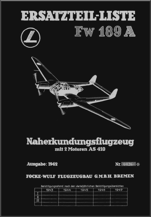 Focke-Wulf  FW 189 A   Aircraft  Illustrated Parts Catalog  Manual, 992 pages  ,  (German Language ) - Ersatzteilliste,  1942 1943,,