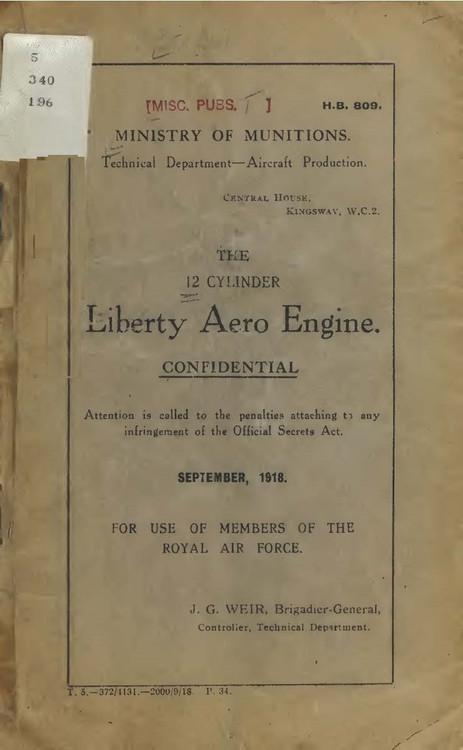 Liberty 12  HP Aircraft Engine Handbook  Manual  - 1918