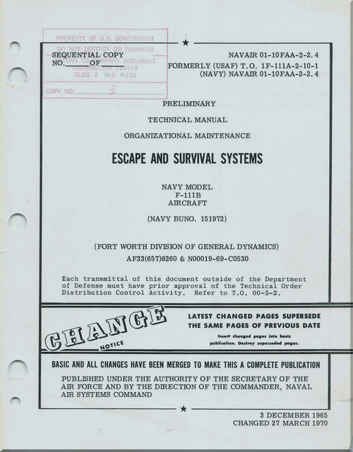 General Dynamics F-111 B  Aircraft Maintenance   Manual -  Escape and Survival Systems -  NAVAIR 01-10FAA-2-2-4