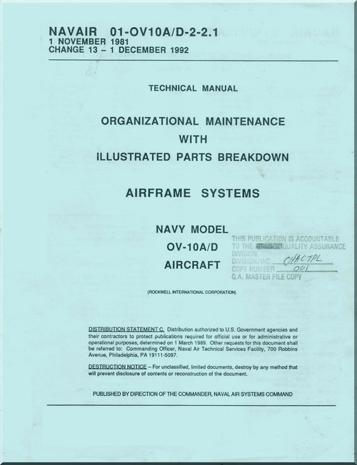 North American Aviation  / Rockwell  / OV-10 A / D Aircraft Maintenance with Illustrated Parts Breakdown / Airframe Systems  Manual - NAVAIR 01-OV-10A/D-2-2.1