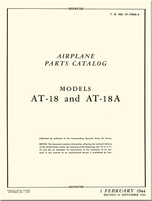 Lockheed AT-18 and AT-18 A Aircraft Illustrated Parts Catalog Manual -  T.O. 01-75KA-4 - 1944