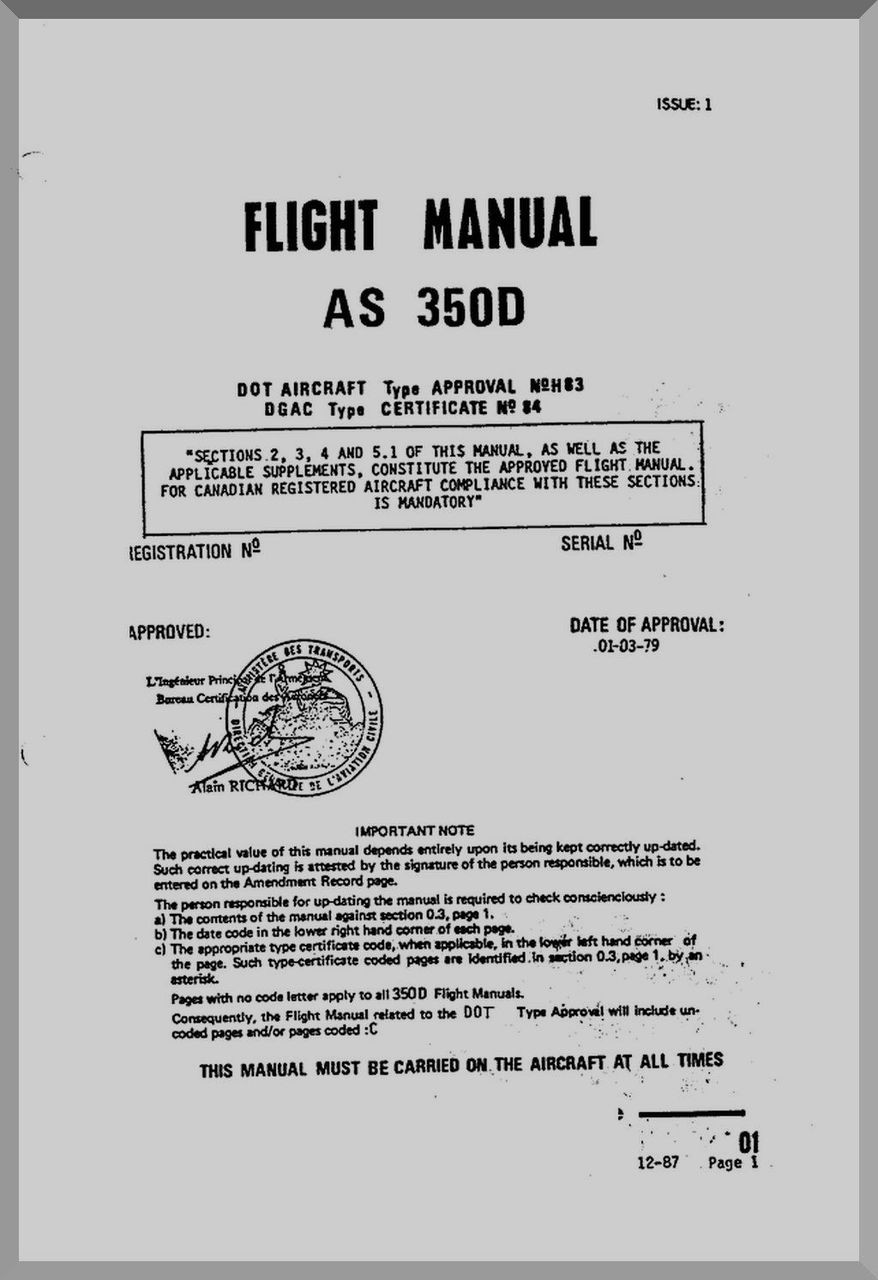 Aerospatiale AS 350 D Helicopter Flight Manual ( English Language ) , 1979  - Aircraft Reports - Aircraft Manuals - Aircraft Helicopter Engines  Propellers Blueprints Publications