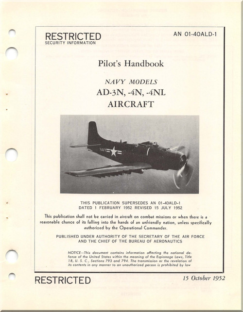 Mc Donnell Douglas AD-3N, -4N, -4L Aircraft Flight Handbook Manual - 01-40ALD-1 - 1952