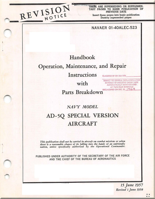 Mc Donnell Douglas AD-5Q Special Version , Aircraft Operation Maintenance Repair IPB Manual - 01-40ALEC-523 - 1957