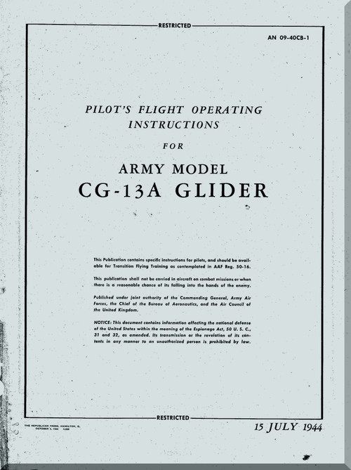 WACO CG-13 A Gliders Aircraft Pilot's Flight Operating Instructions Manual - AN 09-40CB-1 - 1944