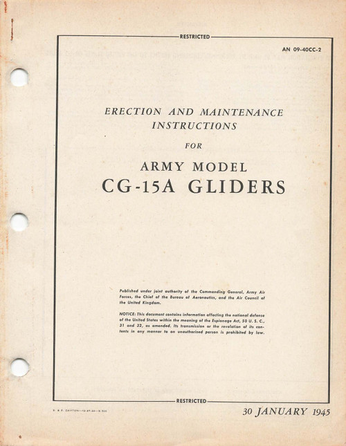 WACO CG-15 A Gliders Aircraft Erection and Maintenance Instructions Manual - AN 09-40CC-2 - 1945