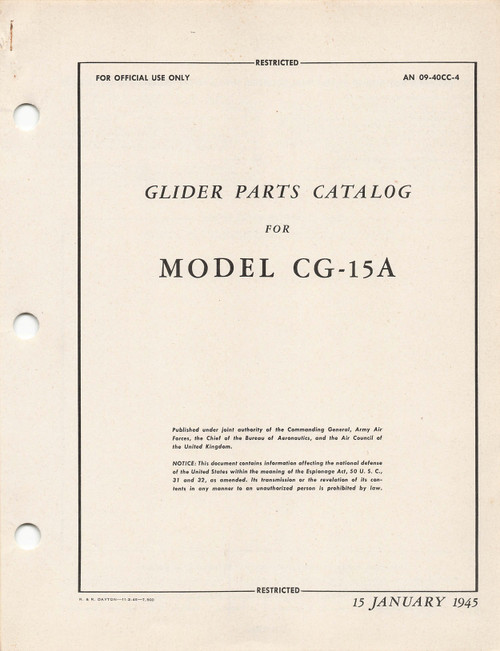 WACO CG-15 A Gliders Aircraft Parts Catalog Manual - AN 09-40CC-4 - 1945