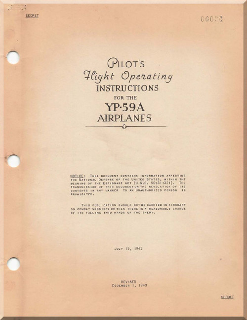 Bell YP-59 A Aircraft Pilot's Flight Operating Instructions Flight Manual - - 1943