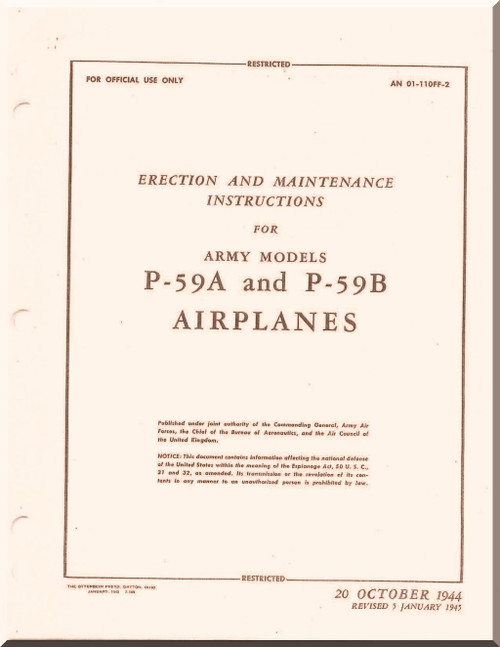 Bell P-59 A, B Aircraft Erection and Maintenance Instructions Manual - An 01-110EF- 2 - 1944